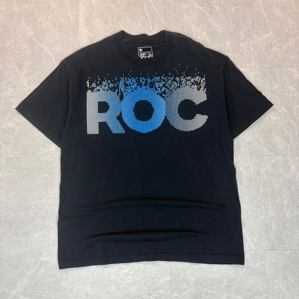 Rocawear Mens XL Black ROC Graphic T-Shirt Blue Pixelated Streetwear Tee